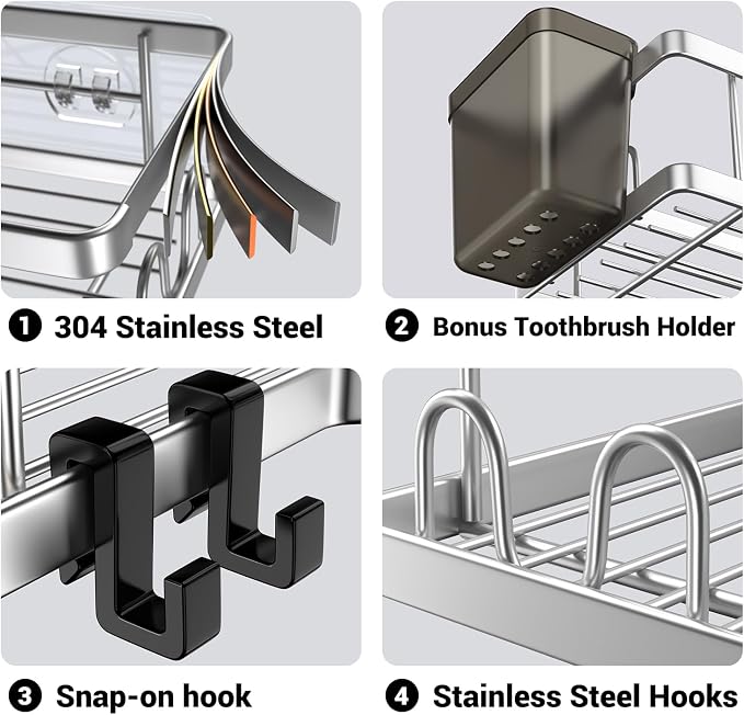 AKTECKE Corner Shower Caddy Shelf Rack: 2 Pack Adhesive Shower Organizer Essentials - No Drilling Stainless Steel Bathroom Storage Rack with Hooks and Toothpaste Holder - Image 5