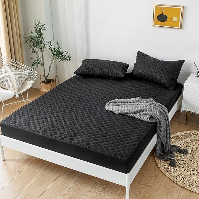 jejeloiu Black Quilted Mattress Pad, 100% Waterproof Breathable King Bedding Fitted Sheet Mattress Protector 14" Deep Pocket Cotton Snow Down Alternative Filling Mattress Cover (King,Black)