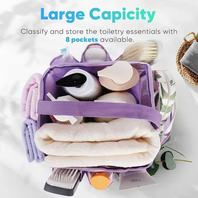 EUDELE 2 Pack Mesh Shower Caddy Portable for College Dorm Room Essentials, Shower Caddy Dorm with 8-Pocket Large Capacity,Shower Bag for Beach,Swimming,Gym All Black+All Purple - Image 2