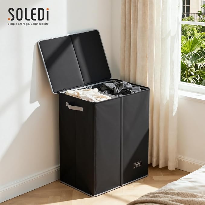 SOLEDI Double Laundry Hamper with Lid and Removable Laundry Bags,Divided Laundry Bin - Large Clothes Hamper 2 Section - Collapsible Laundry Baskets for Bedroom, Bathroom, Laundry Room,Black - Image 11
