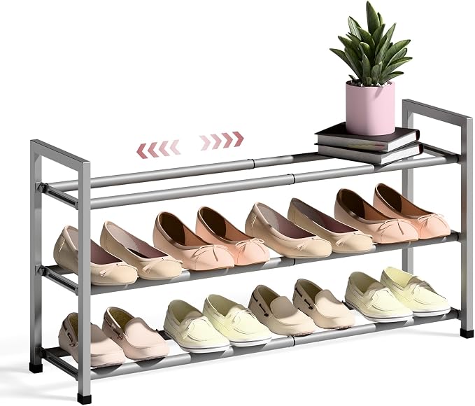 Bumusty 3-Tier Expandable Shoe Rack for Closet, 18“-33” Adjustable Shoe Rack for Small Space, Small Shoe Organizer for Front Door, Sturdy Metal, Light Grey by BUMUSTY