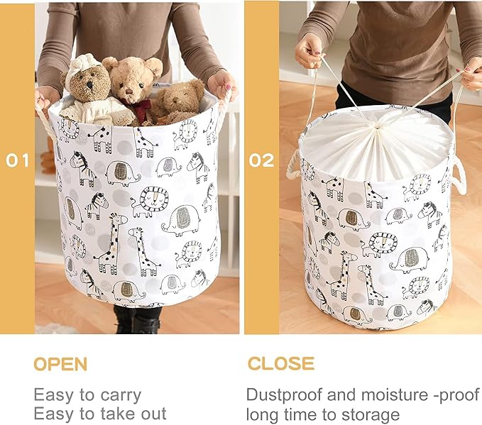 INough Kids Laundry Basket Extra Large Baby Hamper for Nursery, 58L Kids Baskets for Nursery Stuffed Animal Storage Basket, Canvas Clothes Hamper Toy Basket for Boys Foldable Laundry Hampers (Giraffe) - Image 3
