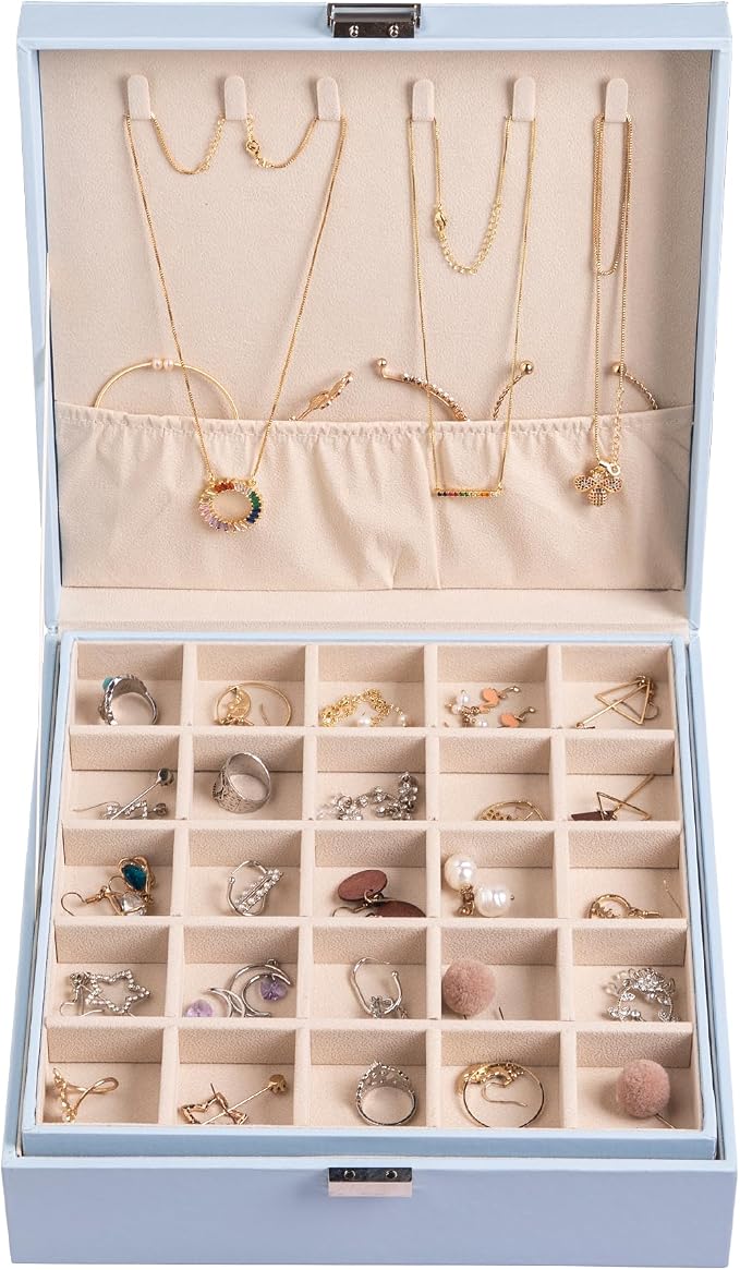 Frebeauty Earring Organizer Classic Jewelry Box 50 Slots Double Layer Jewelry Storage Case with 6 Necklace Hook and Bracelet Pocket(Sky Blue) - Image 2