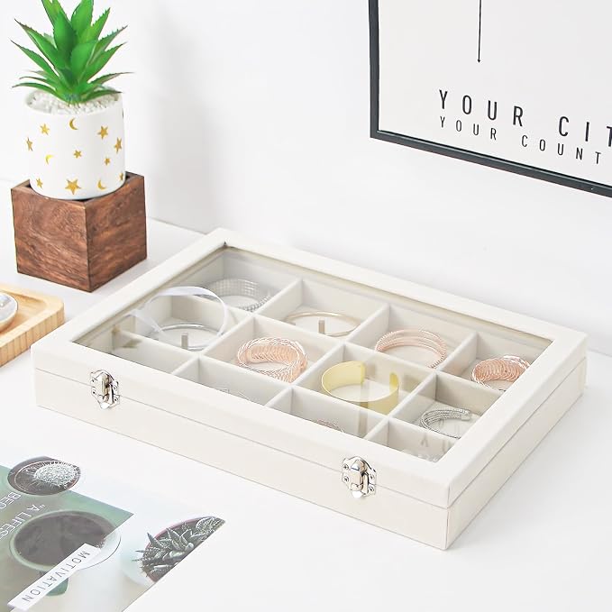 Coward Jewelry Organizer Box, Beige Velvet 12 Grids Bracelet Bangle Necklace Jewelry Display Tray Case with Transparent Glass Lid for Home Drawer Desk or Store Selling Show - Image 2