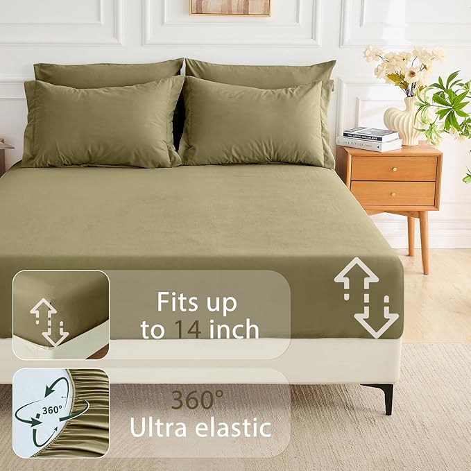 MUXHOMO 7 Pieces Full Comforter Set, Soft Bed in a Bag Full Size, All Season Bedding Set with Comforter, Flat Sheet, Fitted Sheet, Pillowcases & Shams, Olive Green