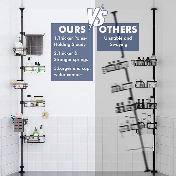 Vatex Corner Shower Caddy Tension Pole,Adjustable 30-120 Inch Bathroom Organizer Storage,Rustproof 6-Tier Shower Corner Shelves,Towel Rack, Toothbrush Holder, Soap Dish Organizers - Image 4