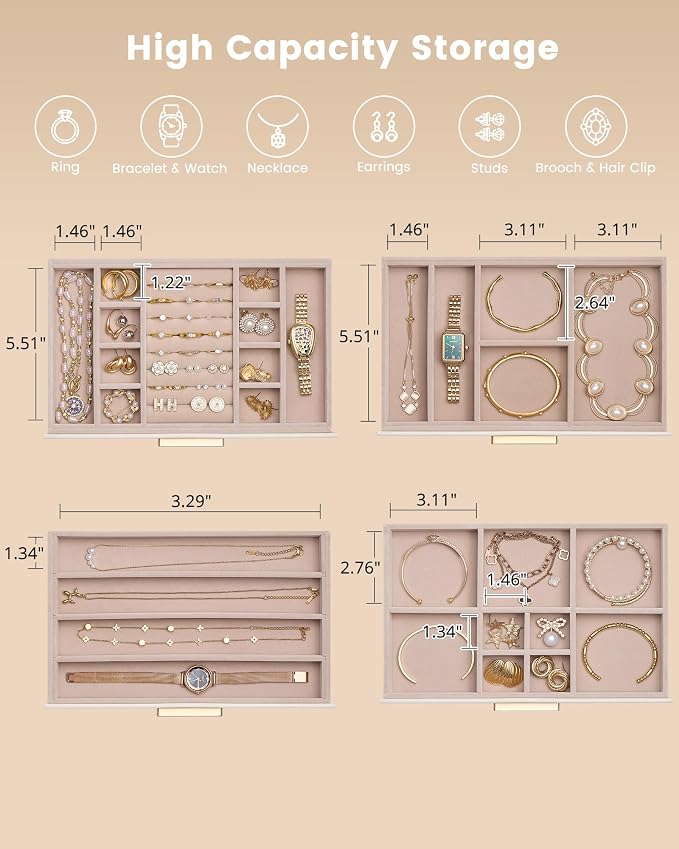 Lolalet Jewelry Box Organizer, 4-Layer Jewelry Organizers and Storage Case with Glass Lid, Ring Earring Bracelet Necklace Holder Organizer, Birthday Valentine Gifts for Women Girls -4Layer, Beige - Image 6