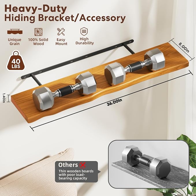 Floating Shelves for Wall Rustic Farmhouse 36 Inch Floating Shelf Bathroom Wooden Shelves for Wall Mounted Live Edge Pine Shelf with Unique Natural Grain for Bedroom Kitchen (Honey Walnut) - Image 2