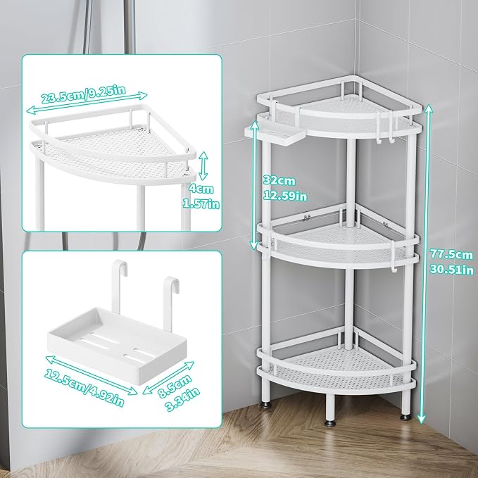 HapiRm Standing Corner Shower Caddy - 3 Tier Shower Organizer Corner with Soap Holder and 4 Hooks, Rustproof Bathroom Storage Shelves with Adhesives, White - Image 2