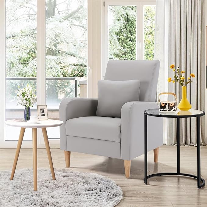 COLAMY Faux Leather Accent Living Room Chairs Set of 1, Upholstered Arm Chair Reading Side Chair, Single Sofa with Back Pillow and Wood Legs, Light Grey