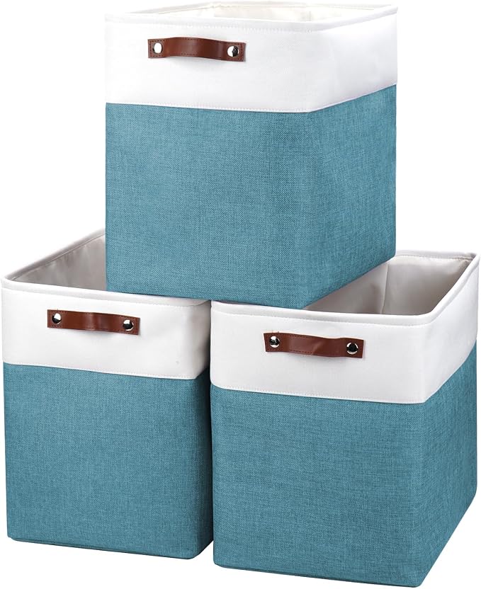 Bagnizer Large Fabric Storage Baskets | 50L Storage Bins, Decorative Linen Closet Baskets with Handles for Organizing, Shelf, Toys, Clothes, Home, Office, Nursery, 17x12x15Inches (Teal&White) by Bagnizer
