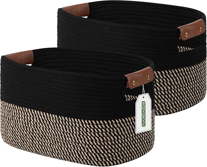 ECDYQXVU Cotton Rope Basket, Storage Baskets with Handle, 15x10x9 Inch Woven Basket for Shelves, Laundry, Towels, Clothes, Books, (Black Brown 2 Pack) by ECDYQXVU