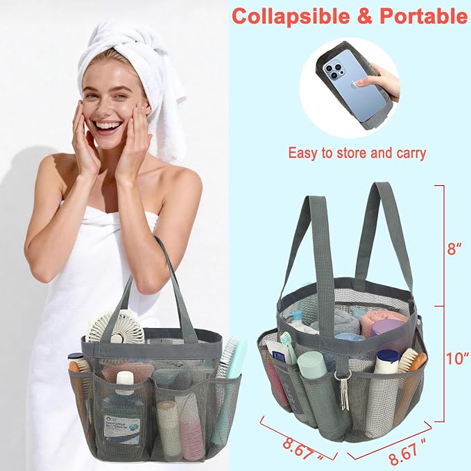 Fammart Mesh Shower Caddy Portable for College Dorm Room Essentials, 8-Pocket Large Shower Basket Tote Bag with 2 Handles for Toiletry, Bathroom, Beach, Camp, Gym - Image 2