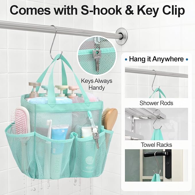 F-color Mesh Shower Caddy Portable, Upgrade Deeper 7 Pockets Shower Bag Basket Tote for College Dorm Room Toiletry Bathroom Essentials Gym Camp Quick Dry 2 handles with S Hook, Sage Green - Image 7