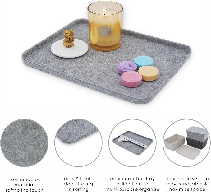 Welaxy Felt deep Storage Bins lidded Drawer Organizer Caddy for junk stuff stationery makeup jewelry closet bathroom minimalist lifestyle (Gray Lid, M) - Image 2