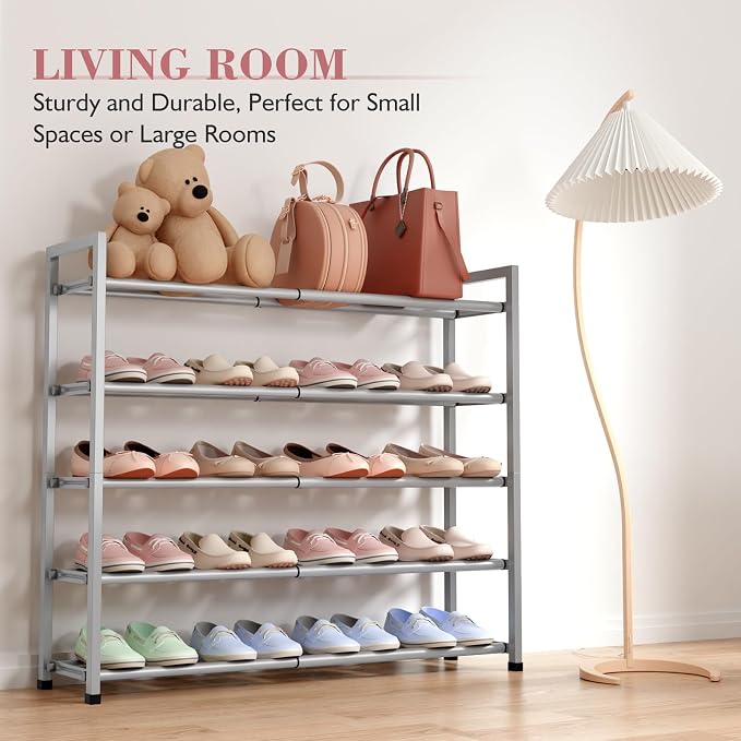 Bumusty 5-Tier Expandable Shoe Rack for Closet, 18“-33” Adjustable Shoe Rack for Small Space, Small Shoe Organizer for Front Door, Sturdy Metal, Light Grey - Image 5