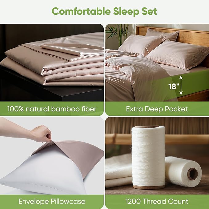 TWK Luxury Sheet Set, Genuine 100% Organic Viscose Derived from Bamboo, Cooling & Breathable, Silky Soft, Bedding Sheets & Pillowcases (Sand, California King(72 * 84 * 18inch))
