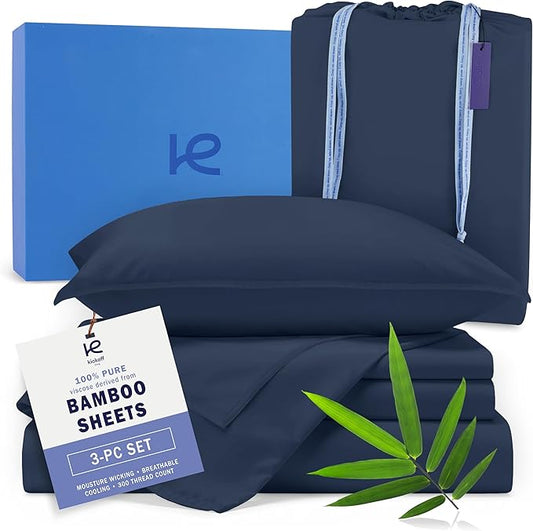 Kickoff Viscose Bamboo Sheets Twin XL Size 3-pc 100% Organic Bamboo Viscose Bed Cooling Sheets Twin XL Size Set Cool Bedding for hot Sleepers Sheet, Flat, Fitted, Pillowcase (Navy, TXL)