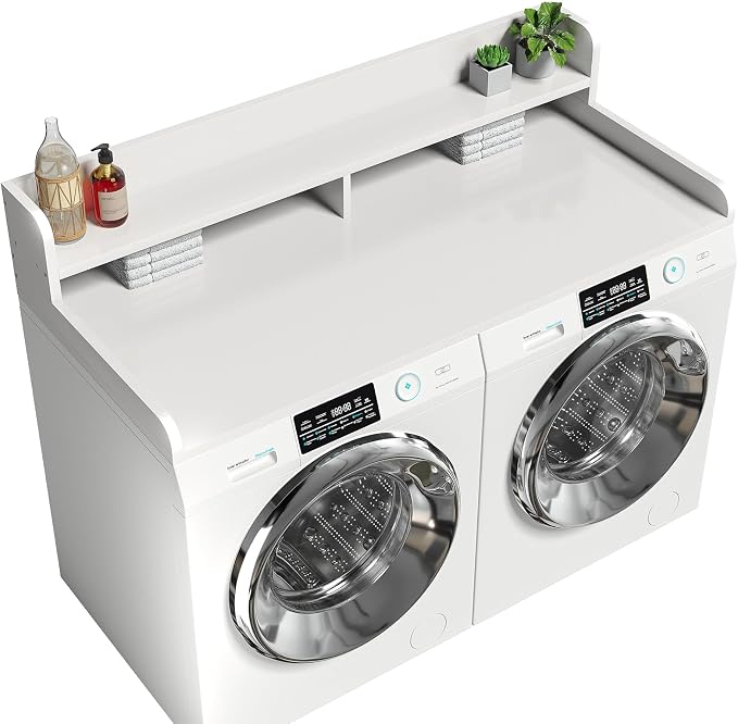 2-Tier Washer Dryer Countertop with 2.75" H Edge Rails, 58" W x 28" D Laundry Countertop for Folding Clothes, Washer and Dryer Topper with Non-Slip Pad (White) by Corbyles