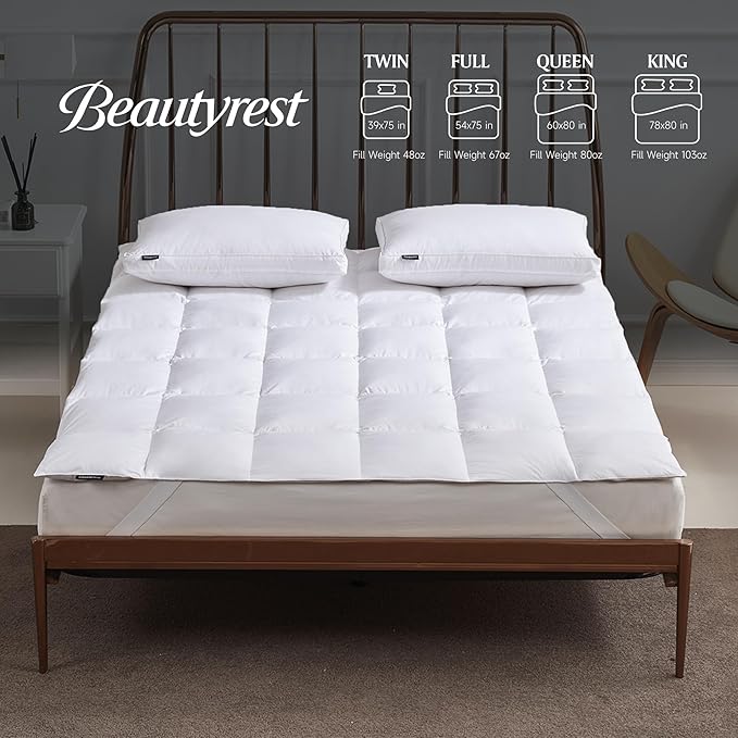 Beautyrest White Feather Down Mattress Pad Full Size - 233 Thread Count Tencel/Cotton Blend Featherbed Cover with Elasticized Anchor Bands Mattress Pad
