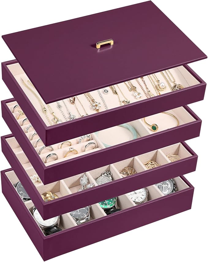 Voova Stackable Jewelry Organizer Tray with Lid, PU Leather Jewelry Storage Holder for Drawer Inserts, Jewellery Display Box Case for Earring Necklace Ring Watch Bracelet (Set of 4, Purple) by Voova