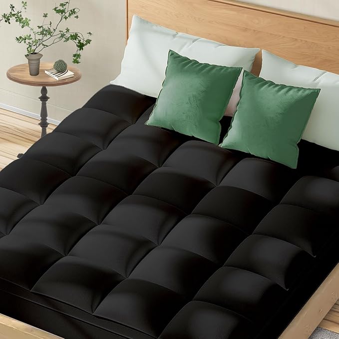 Topllen Twin Mattress Topper for Back Pain Relief, Extra Thick Pillow Top Plush Mattress Pad with Deep Pocket, Soft Pillowtop Twin Size Bed Toppers Filled Fluffy Down Alternative, Black