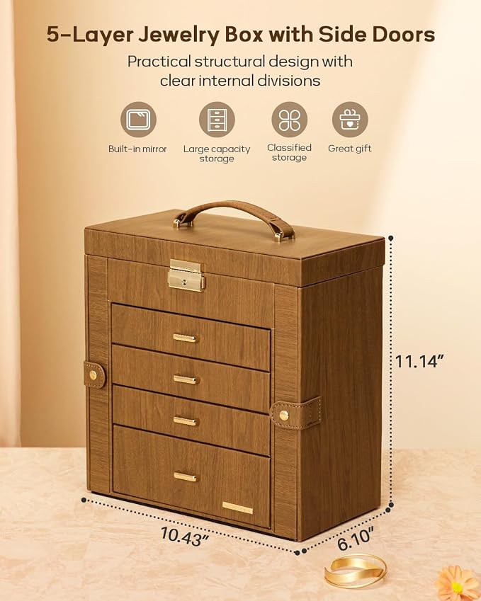 Homde Mothers Day Gifts Synthetic Leather Huge Jewelry Box Mirrored Watch Organizer Necklace Ring Earring Storage Lockable Gift Case (Brown + Gold) - Image 2