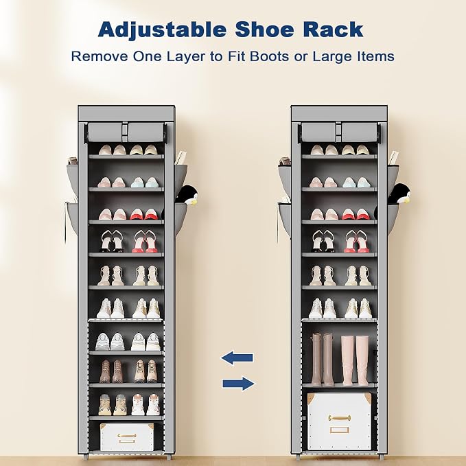 Mavivegue Shoe Rack with Cover, 10 Tier Tall Shoe Organizer for 18-22 Pairs of Shoes, Shoe Storage Organizer for Entryway, Closet, Garage, Grey, S - Image 4