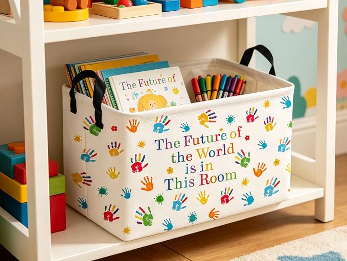 Rectangle Kids Baskets Book Basket Cute Storage Bin Organizer Boys Box for Room Decor Gift Basket(Handprint) - Image 5