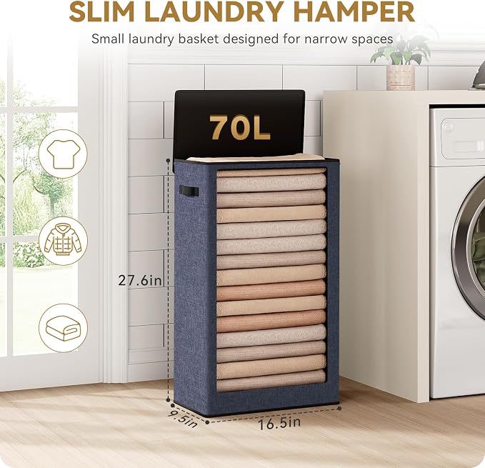 SOLEDI Slim Laundry Hamper with Lid, Narrow Laundry Basket with Removable Bags, Dirty Clothes Hamper with handle, Small Hamper perfect for Laundry room, Bathroom, Bedroom, Small spaces. 70L Navy Blue - Image 5