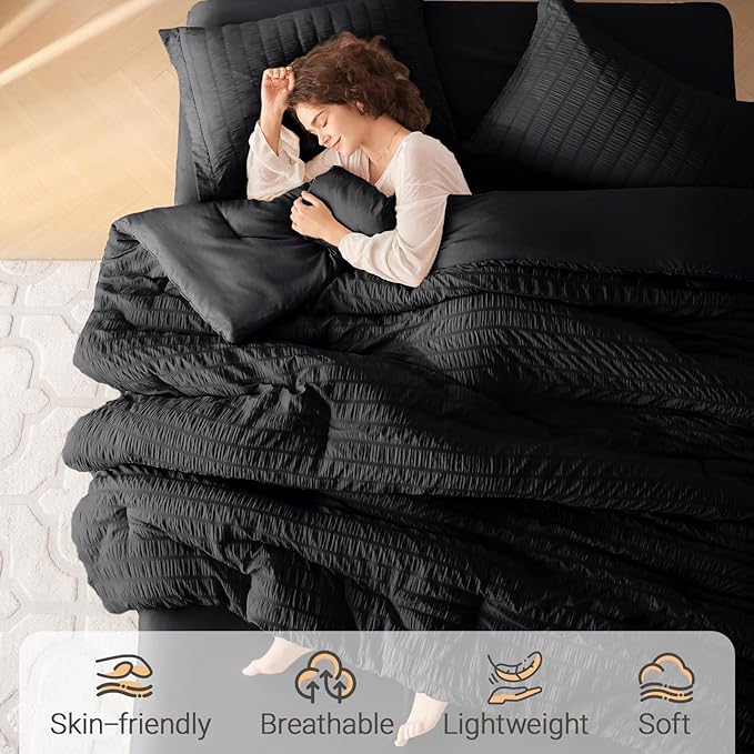 MUXHOMO 7 Pieces California King Comforter Set, Seersucker Bed in a Bag Cal King Size, All Season Luxury Bedding Set with Comforter, Flat Sheet, Fitted Sheet, Pillowcases & Shams, Black