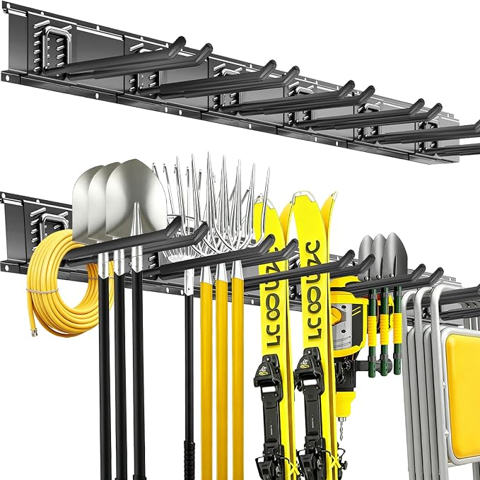 Garage Tool Organizer Wall Mount, 48 Inch Heavy Duty Garden Tool Organizer Storage System, Easy Install with 6 Adjustable Straight Hooks, for Garage, Basement, Shed, Workshop, Black, Steel by CRXCRC