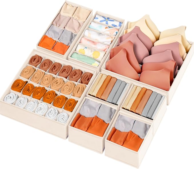 Drawer Organizer Clothes, 8 Pack Dresser Organizer Bins for Baby Clothes, Underwear Sock, Fabric Closet Organization and Storage Dividers for Nursery Bedroom (48 Compartments, Beige) by Criusia
