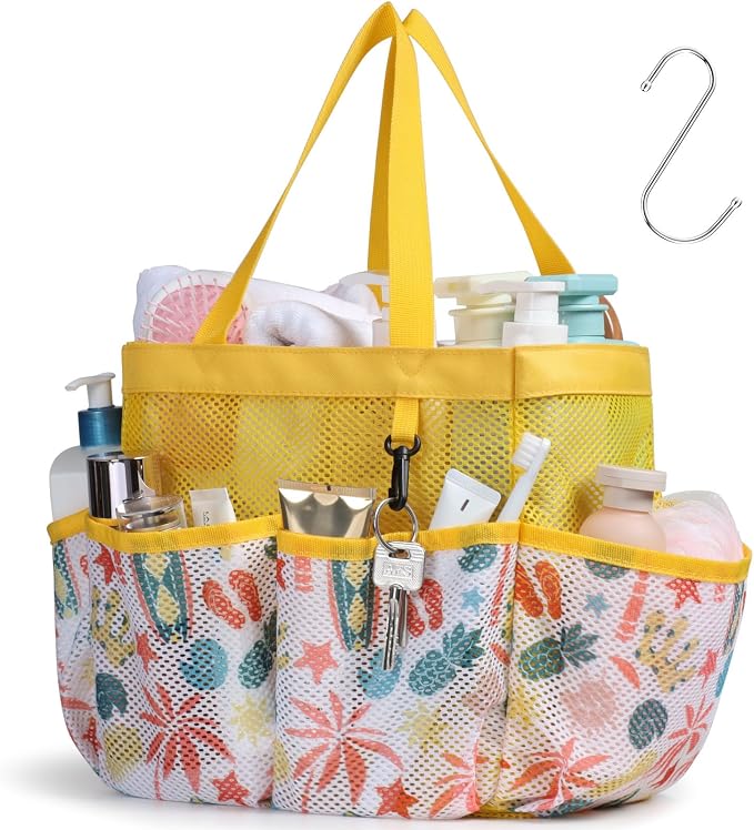 F-color Shower Caddy Portable - Mesh Shower Bag Basket Tote for College Dorm Room Essentials Bathroom Gym Camp Quick Dry for Women Men with S Hook, Yellow Beach by F-color
