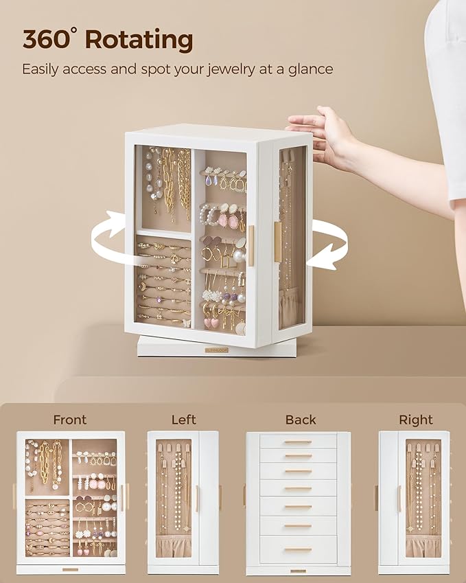 Glimmloop 360° Rotating Jewelry Box with 7 Drawers, Spacious Vertical Jewelry Organizer with Glass Window, Jewelry Storage Case, Dustproof & Moisture-resistant Design, White - Image 4