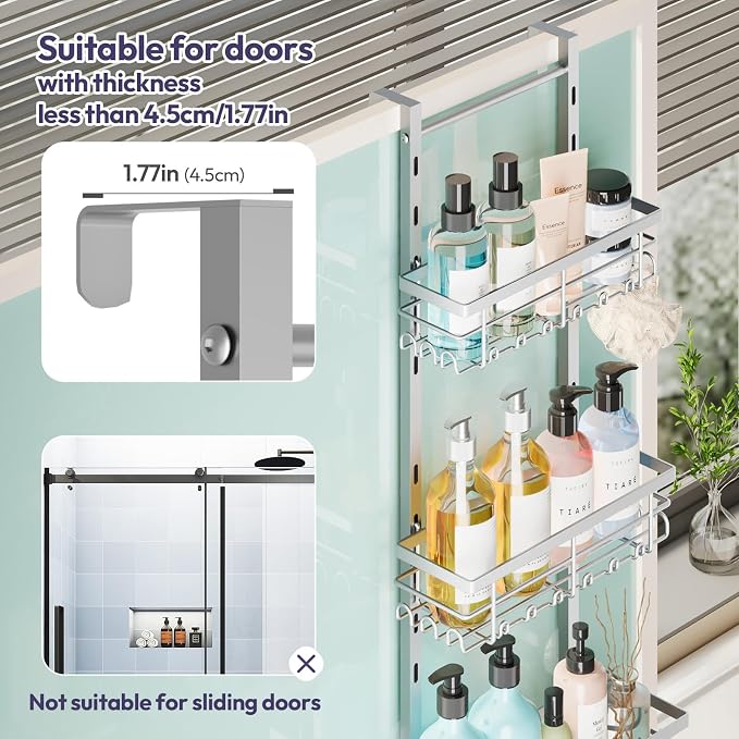 SWTYMIKI Over The Door Shower Caddy - 4 Tier Rustproof Hanging Shower Organizer with Adjustable Shelves, 40 Hooks & Soap Holder, Hanging Shower Rack Storage for Bathroom Accessories, Silver - Image 5