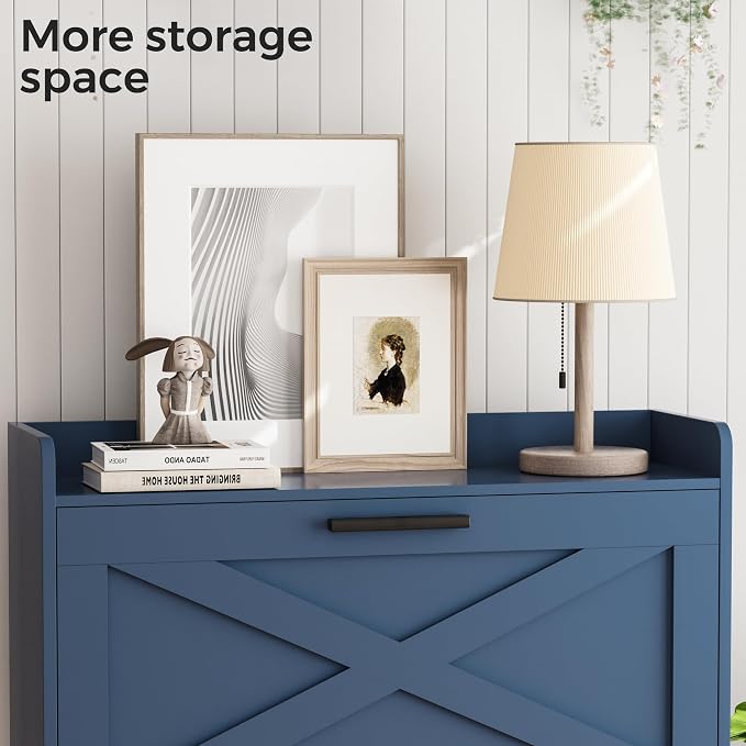 Homleke 32" W Farmhouse Shoe Storage Cabinet with 2 Flip Drawers and Barn Door Design, Adjustable Shelves, Modern Hidden Slim Narrow Shoe Rack Cabinet for Entryway, Foyer, Hallway, Living Room, Blue - Image 7
