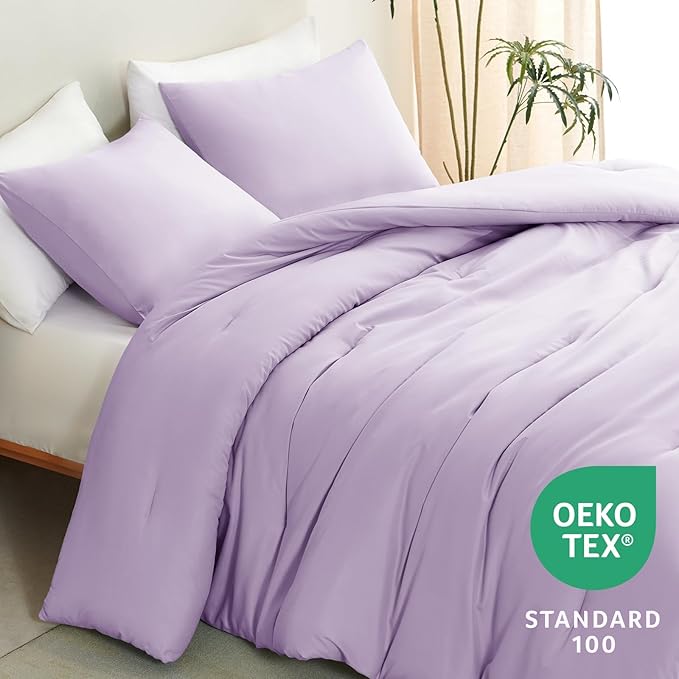 CozyLux Lavender Full Size Comforter Set, 3 Pieces Light Purple Solid Breathable Quilted Boho Bedding Sets, Luxury Fluffy Soft Bed Set with Down Alternative Comforter and 2 Pillowcases for All Season