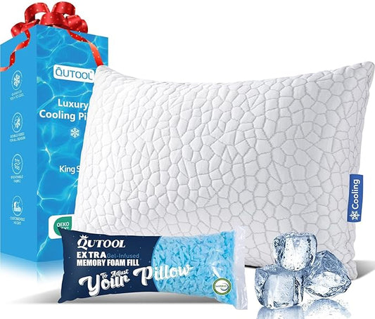 QUTOOL Cooling Pillow for Sleeping, CertiPUR-US Shredded Memory Foam King Pillow Set of 1, Cool Pillow for Hot Sleepers Adjustable Firm Pillow for Side, Back, Stomach Sleepers Soft Yet Support, White