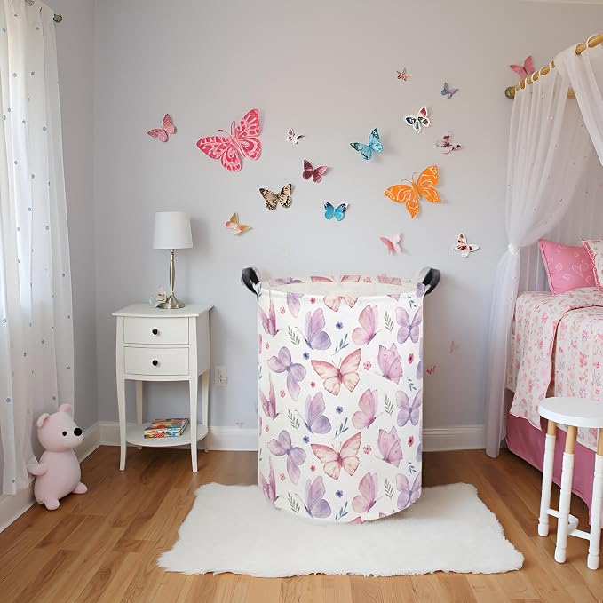 HIYAGON Butterfly Baby Laundry Basket Baby Hamper for Nursery Girl Kids Butterfly Hamper Cute Kids Toys Storage Bin Organizer Butterfly Room Decor for Home(Watercolor Butterfly) - Image 2