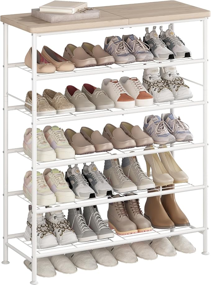 SUOERNUO Shoe Rack Organizer 6 Tier for Closet Entryway Free Standing Metal Storage Shoe Shelf with MDF Top Board，White+Oak by SUOERNUO