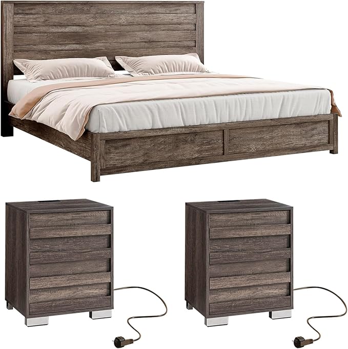 LUXOAK 3 Pcs Bedroom Furniture Sets,Includes Farmhouse King Size Bed Frame with 49" Tall Headboard and Nightstand Sets of 2 with Charging Station, Slated Handles & Stainless Steel Feet, Rustic Grey