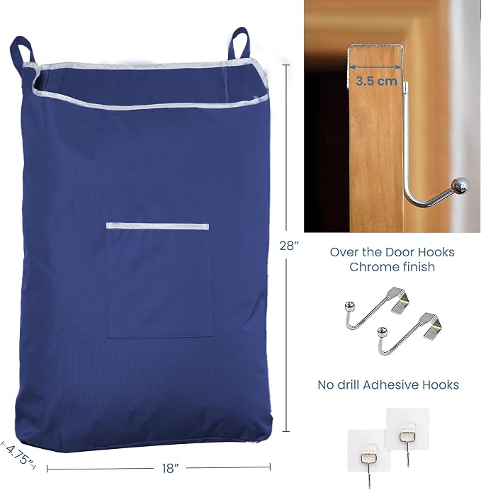 Fine Living Large Hanging Laundry Hamper with Over Door Hooks & Adhesive, Durable Space Saving Laundry Bag with Zipper and Wide Open Top, Hanging Dorm Laundry Hamper 18"x4.75"x28" (Navy Blue-L) - Image 2