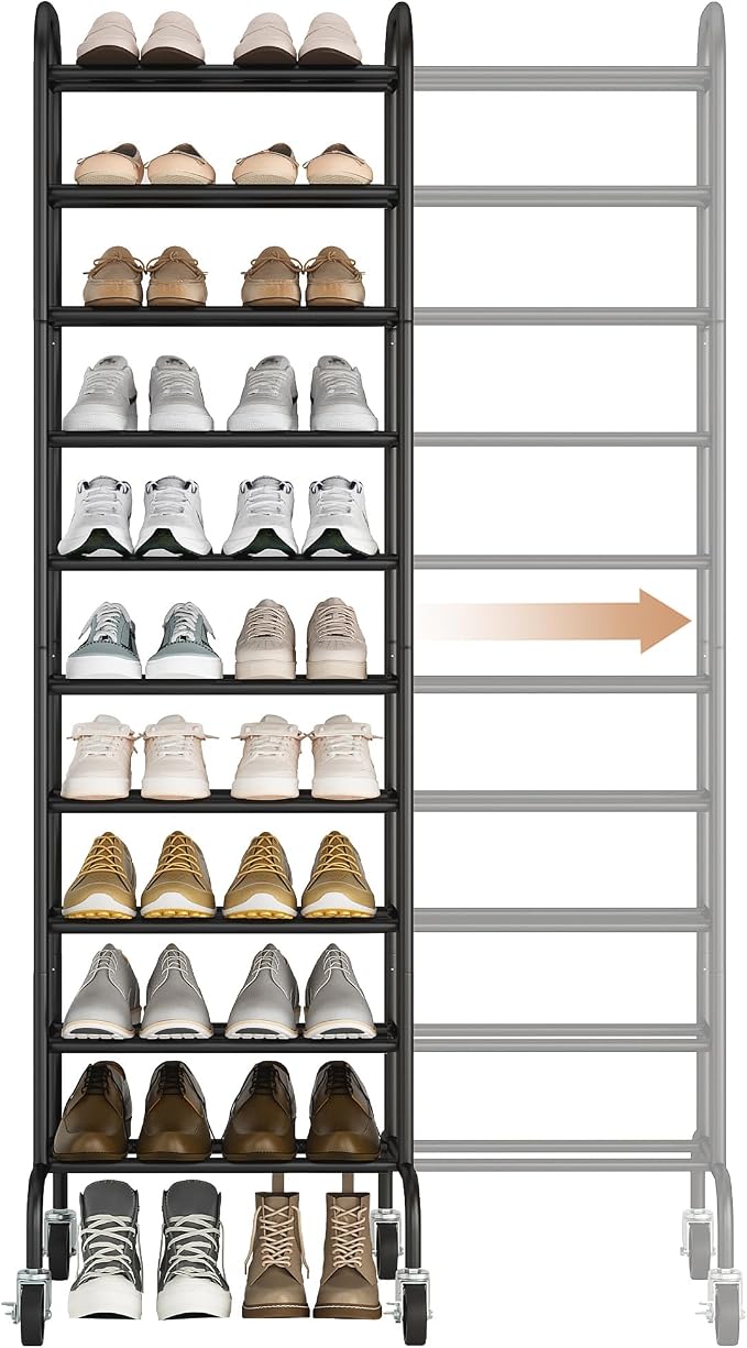 STORAGE MANIAC 10-Tier Expandable Shoe Rack, 44 Pairs Tall Vertical Shoe Rack, Heavy-Duty Metal Adjustable Shoes Organizer for Closet, Entryway, Hallway, Garage, Front Door, Shoes Shelves, Black by STORAGEMANIAC