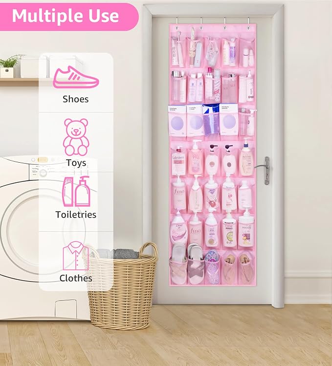 MISSLO 35 Large Pockets Over The Door Shoe Organizer Sturdy Oxford Fabric Hanging Shoe Rack for Door Mesh Closet Shoe Holder Hanger, Pink - Image 5