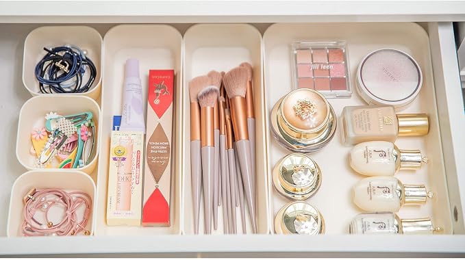 Backerysupply Set Of 12 Beige Color Plastic Desk Drawer Organizers For Makeup Bathroom Office Kitchen Vanity Drawer Storage Box Container - Image 3