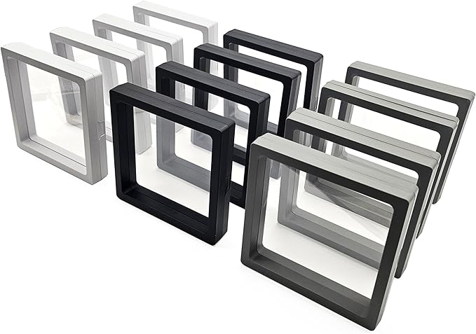 12PCS 3D Floating Frame Display Stand, Jewelry Box, Gift Box, Ornament Organizer, Small Travel Jewelry Box, PE Film Anti-Oxidation, Suspended Display Box Stackable (4.33 * 4.33, Type 1) by Unknown