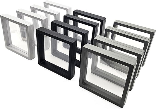 12PCS 3D Floating Frame Display Stand, Jewelry Box, Gift Box, Ornament Organizer, Small Travel Jewelry Box, PE Film Anti-Oxidation, Suspended Display Box Stackable (4.33 * 4.33, Type 1) by Unknown