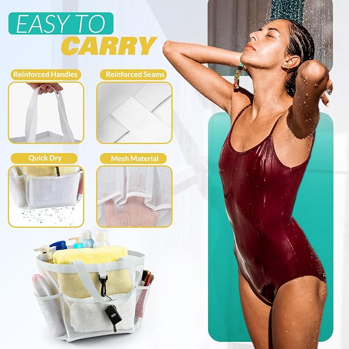 LOYEE Mesh Shower Caddy Portable for College Dorm Room Essentials with 8 Pockets, Shower Bag for Beach, Swimming, Gym, Travel, Bathroom(All white) - Image 4