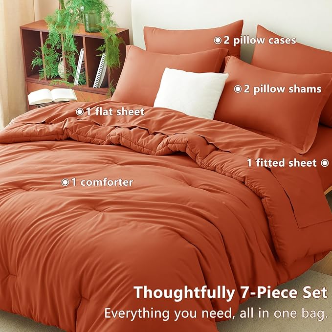 CozyLux Full Comforter Set Burnt Orange, 7 Pieces Bed in a Bag Terracotta Comforter Set with Sheets, All Season Boho7PC Bed Sets with Comforter, Fitted Sheet, Flat Sheet, Pillow Shams and Pillowcases